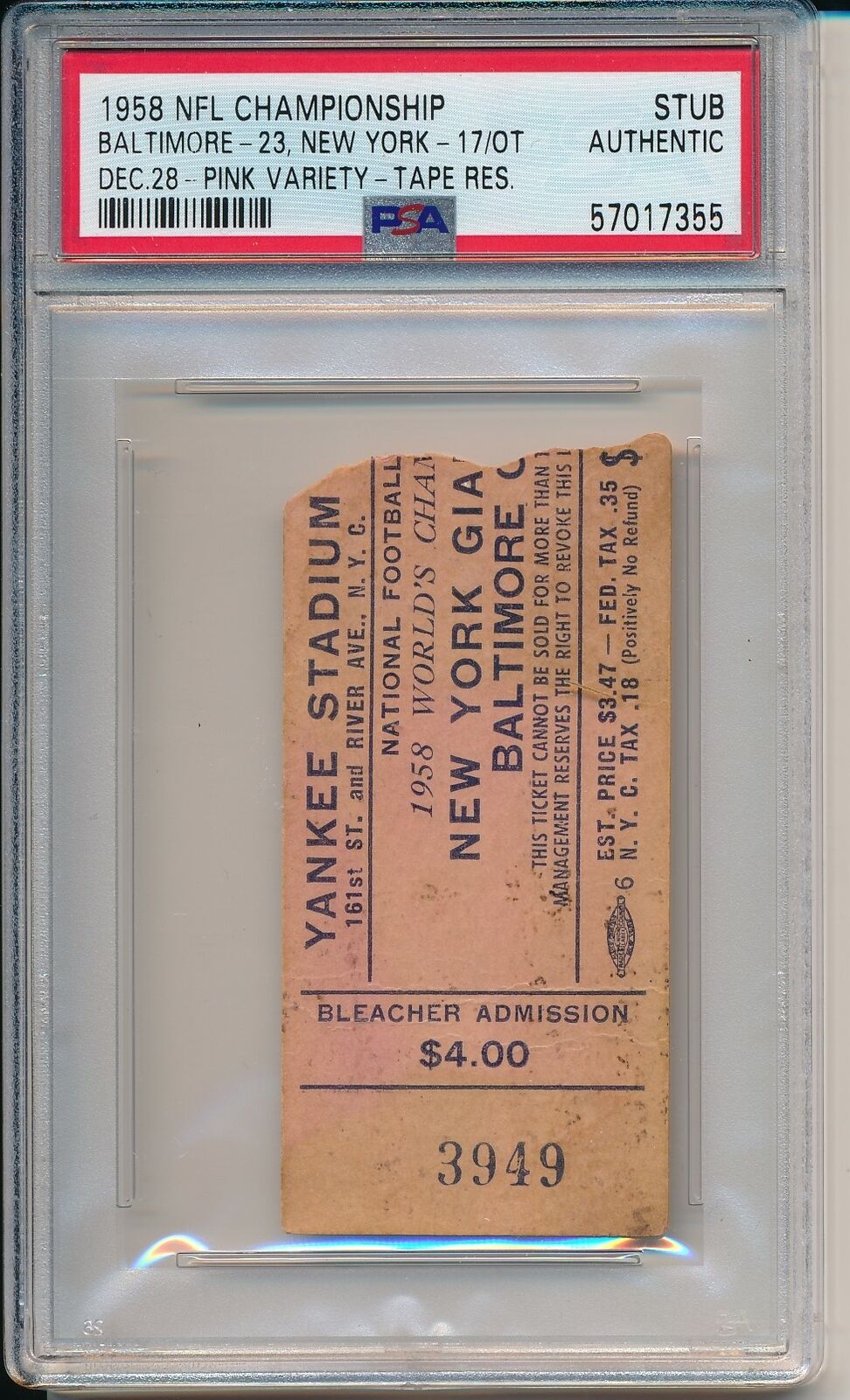 1958 Nfl Championship Giants Vs. Colts At Yankee Stadium Ticket Stub Psa 159755