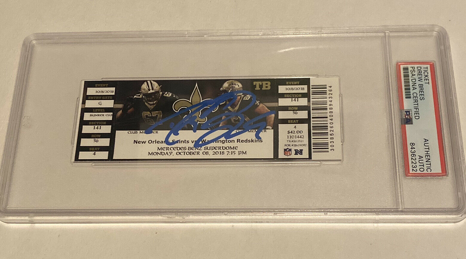 Drew Brees Signed Nfl Passing Yards Record Ticket Psa Encapsulated